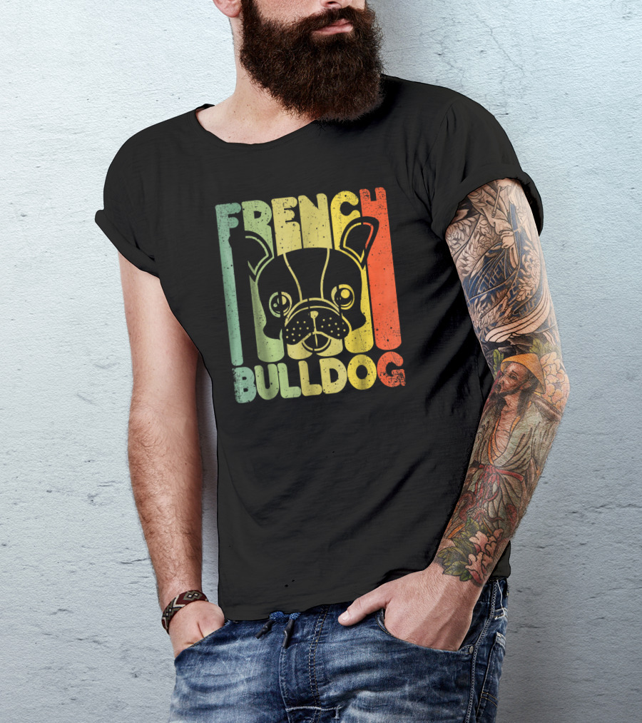 Distressed French Bulldog Vintage Rainbow Stripes T-Shirt