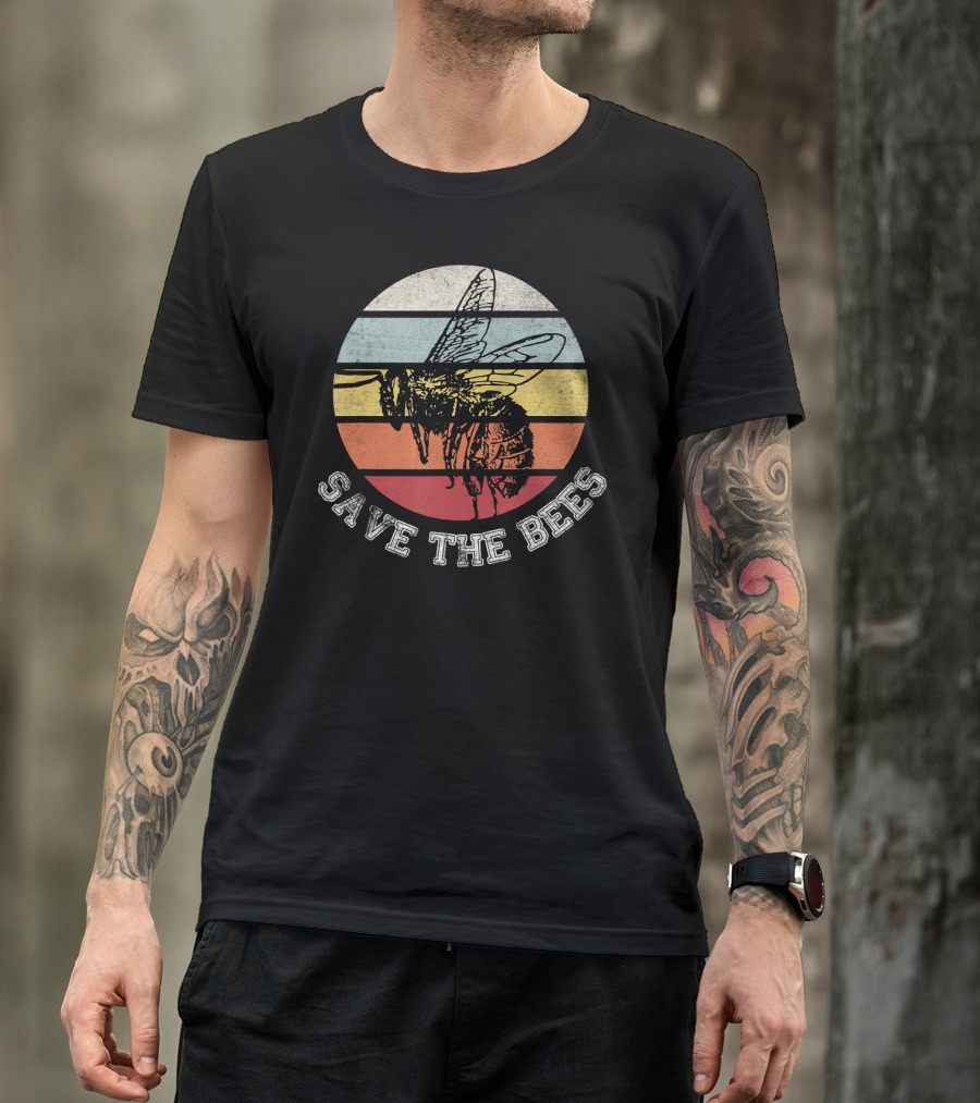 Save The Bees Distressed Vintage Rainbow Stripe T-Shirt