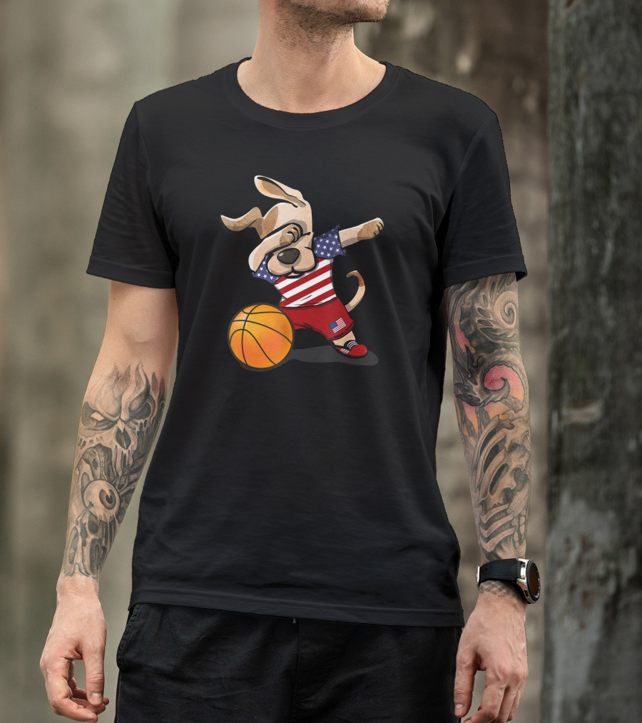 USA Basketball Dog Dabbing With American Flag T-Shirt
