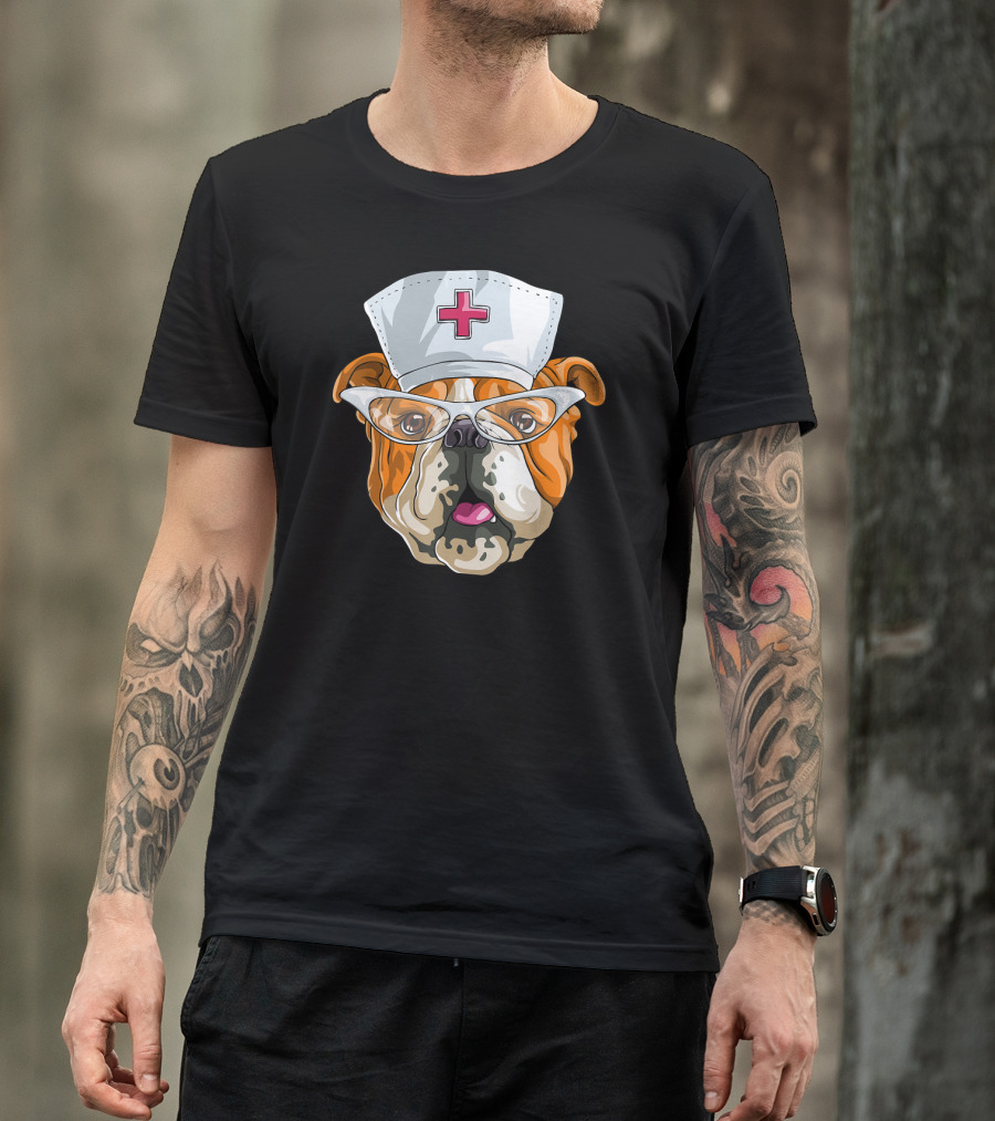English Bulldog Nurse Hat Glasses Dog T-Shirt