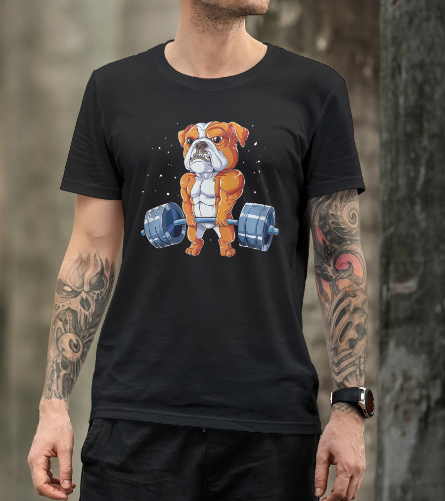 English Bulldog Weightlifting Humor Barbell Challenge T-Shirt
