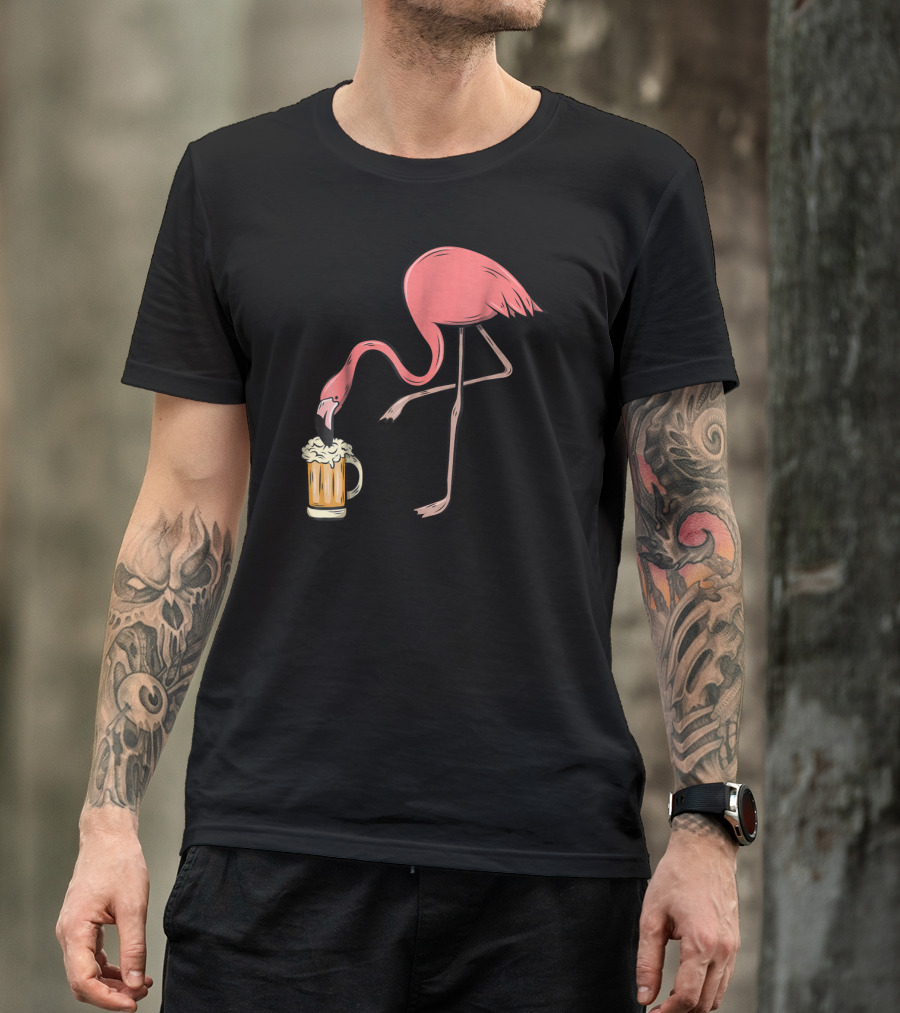 Funny Pink Flamingo Drinking Beer Illustrative Humor T-Shirt