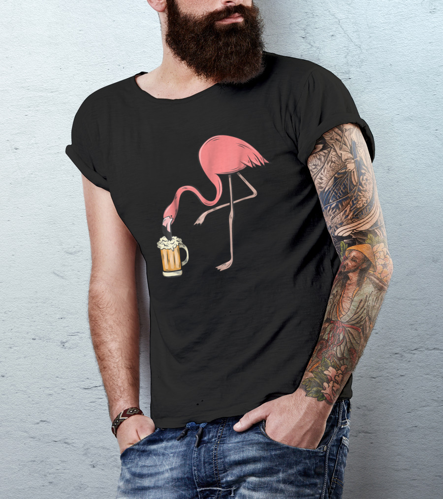 Funny Pink Flamingo Drinking Beer Illustrative Humor T-Shirt