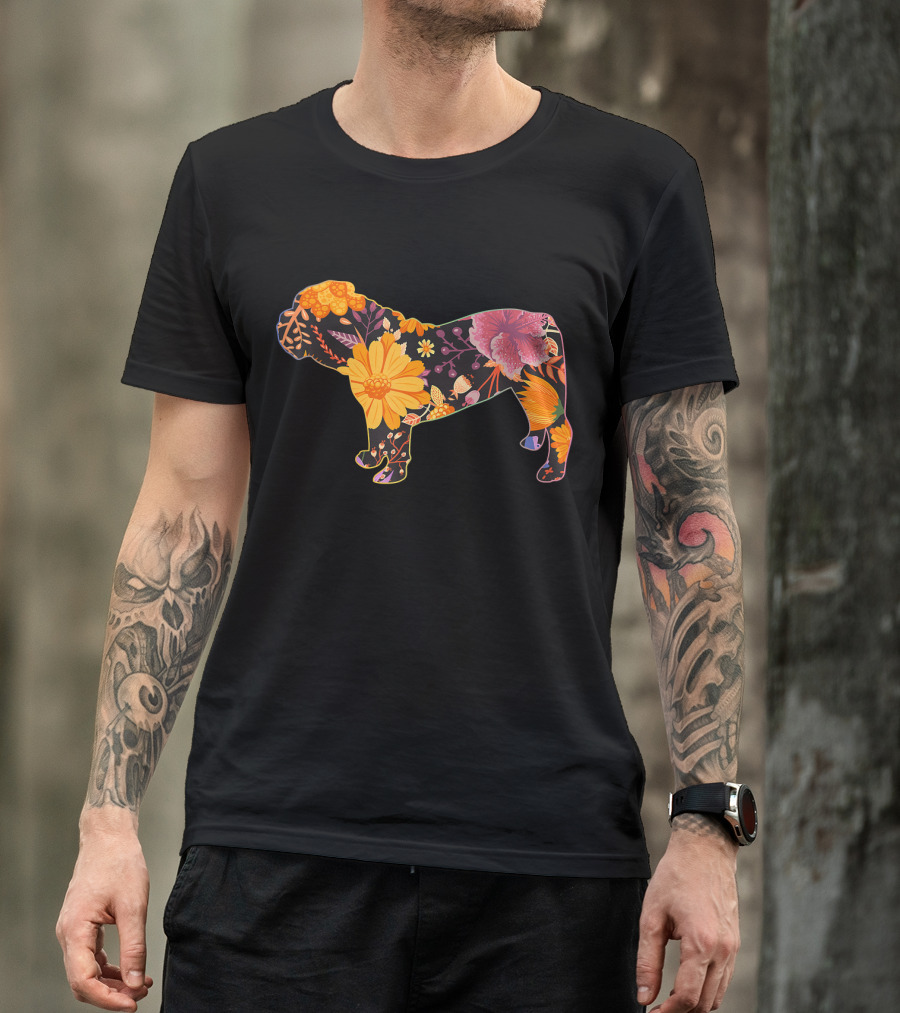 Floral Flower Vintage Bulldog Silhouette With Colorful Botanical T-Shirt
