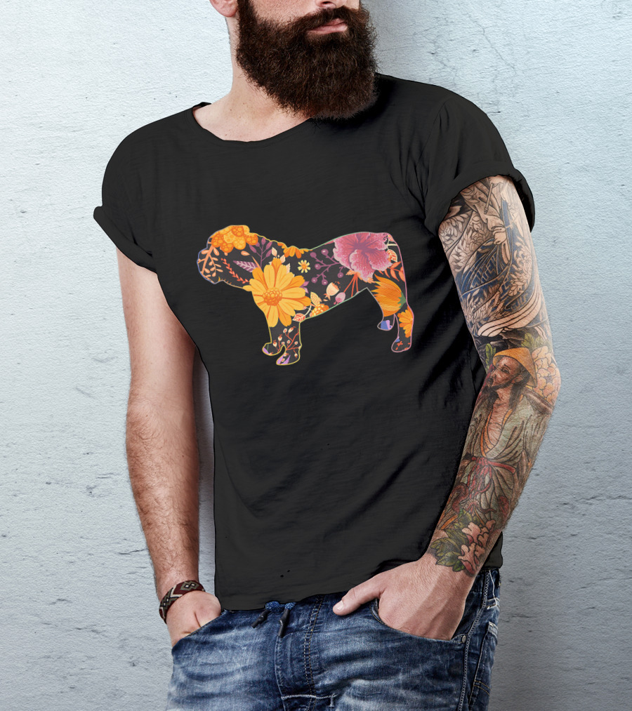Floral Flower Vintage Bulldog Silhouette With Colorful Botanical T-Shirt