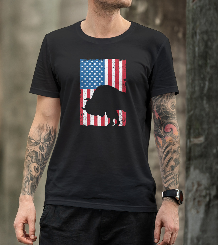 Fourth Of July Bison Patriot American Flag Silhouette Independence Day T-Shirt