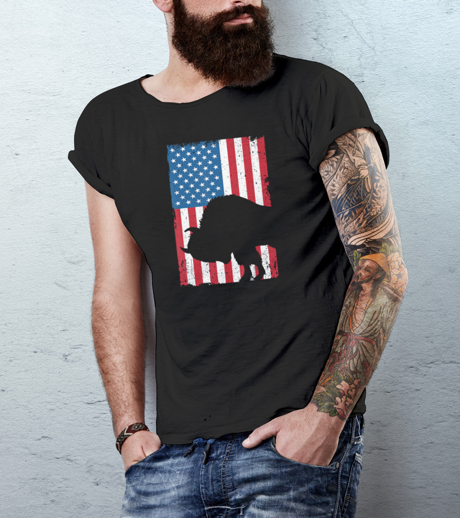 Fourth Of July Bison Patriot American Flag Silhouette Independence Day T-Shirt