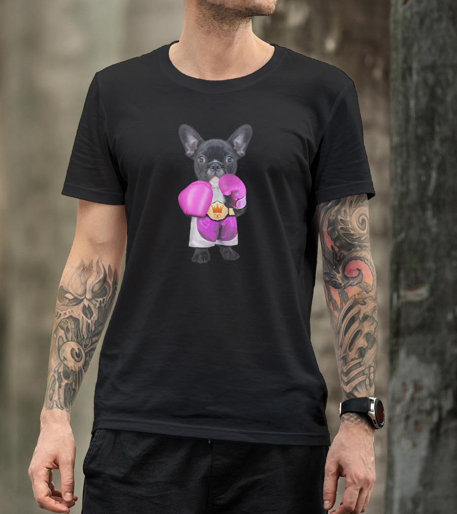 French Bulldog Wearing Boxing Gloves Champion Belt T-Shirt