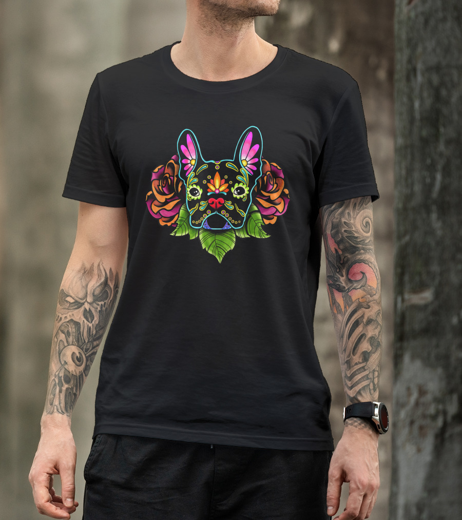 French Bulldog Colorful Day Of The Dead Floral Roses T-Shirt