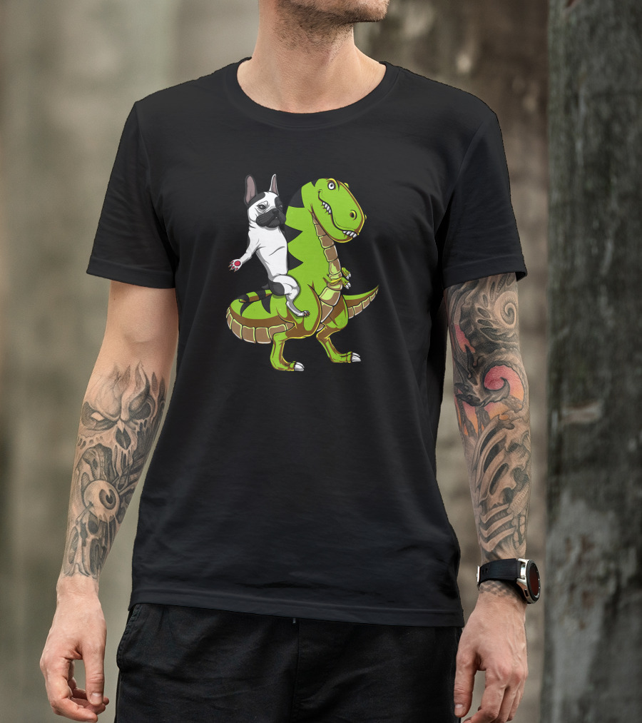 French Bulldog Riding T-Rex Dinosaur Adventure T-Shirt