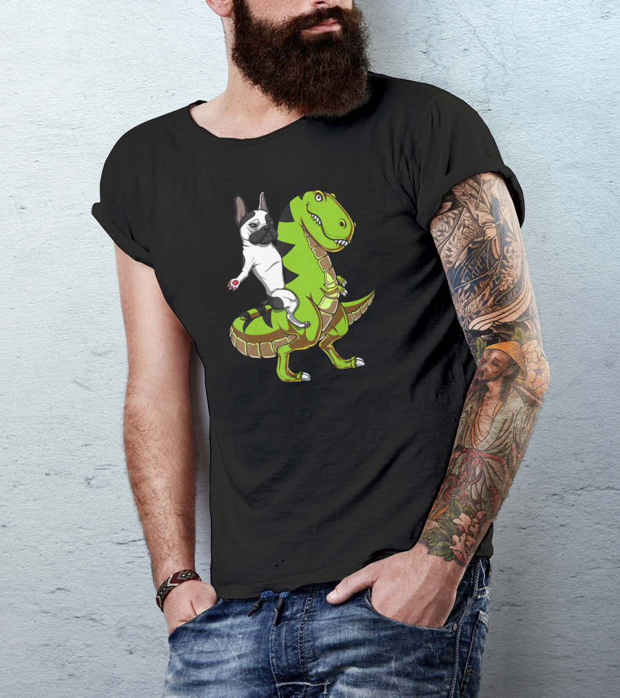 French Bulldog Riding T-Rex Dinosaur Adventure T-Shirt