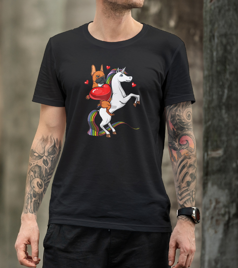 French Bulldog With Heart On Rainbow Unicorn Valentine's T-Shirt