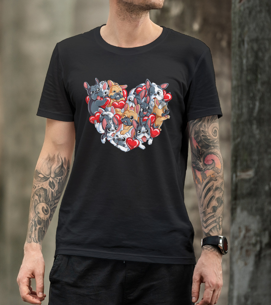 French Bulldog Valentines Day Heart With Cute Puppies And Red Hearts T-Shirt