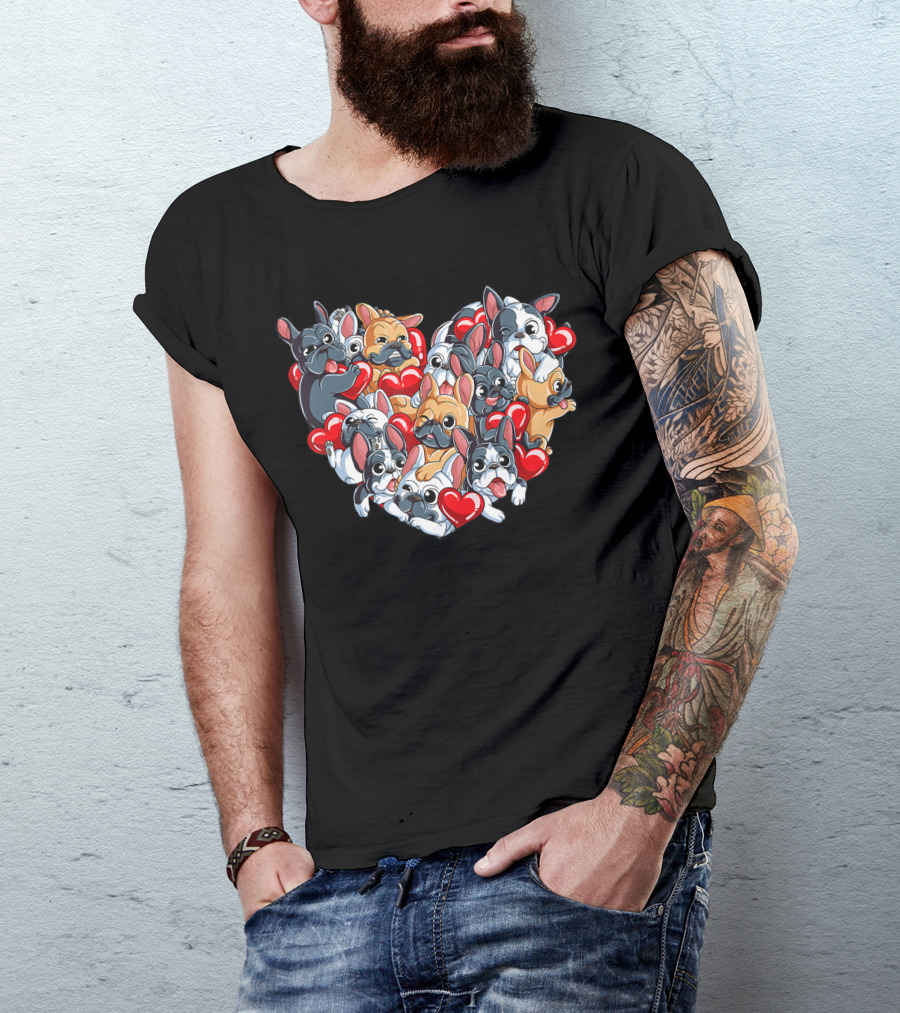 French Bulldog Valentines Day Heart With Cute Puppies And Red Hearts T-Shirt