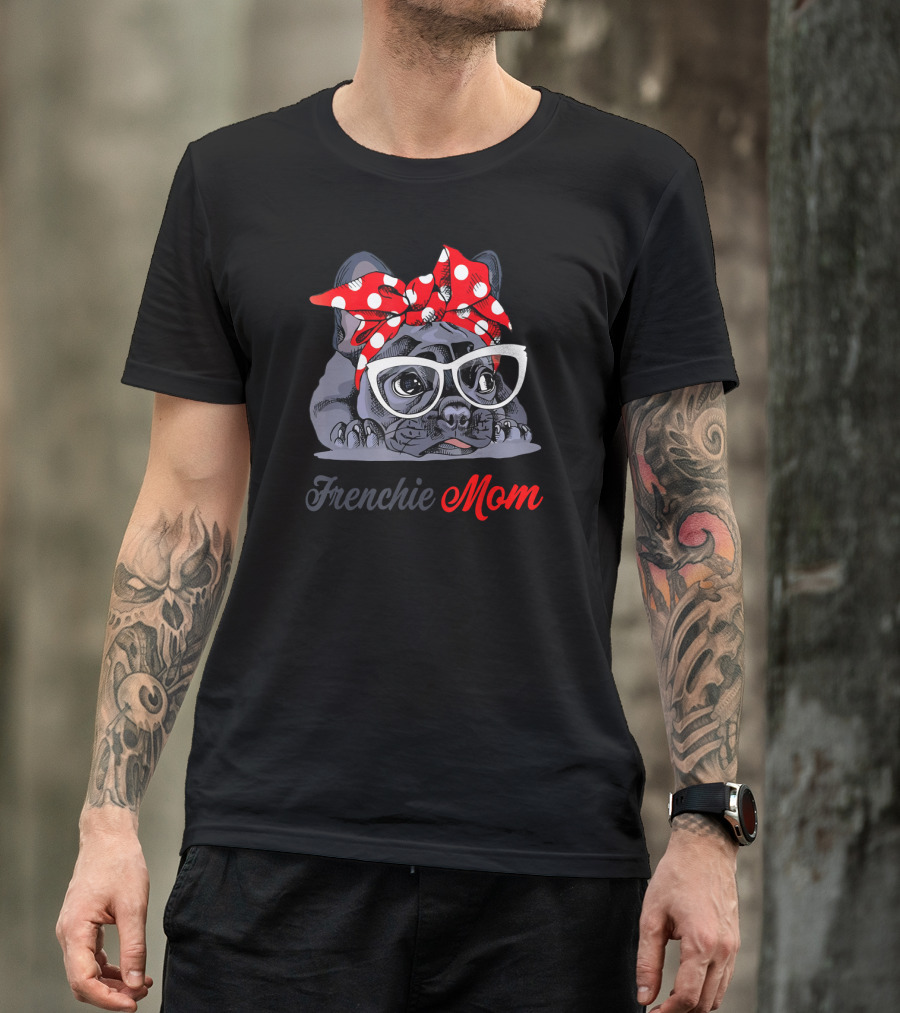Frenchie Mom With Stylish Glasses And Red Polka Dot Bow French Bulldog Love T-Shirt