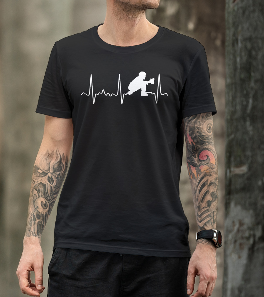 Baseball Catcher Silhouette Heartbeat Line T-Shirt