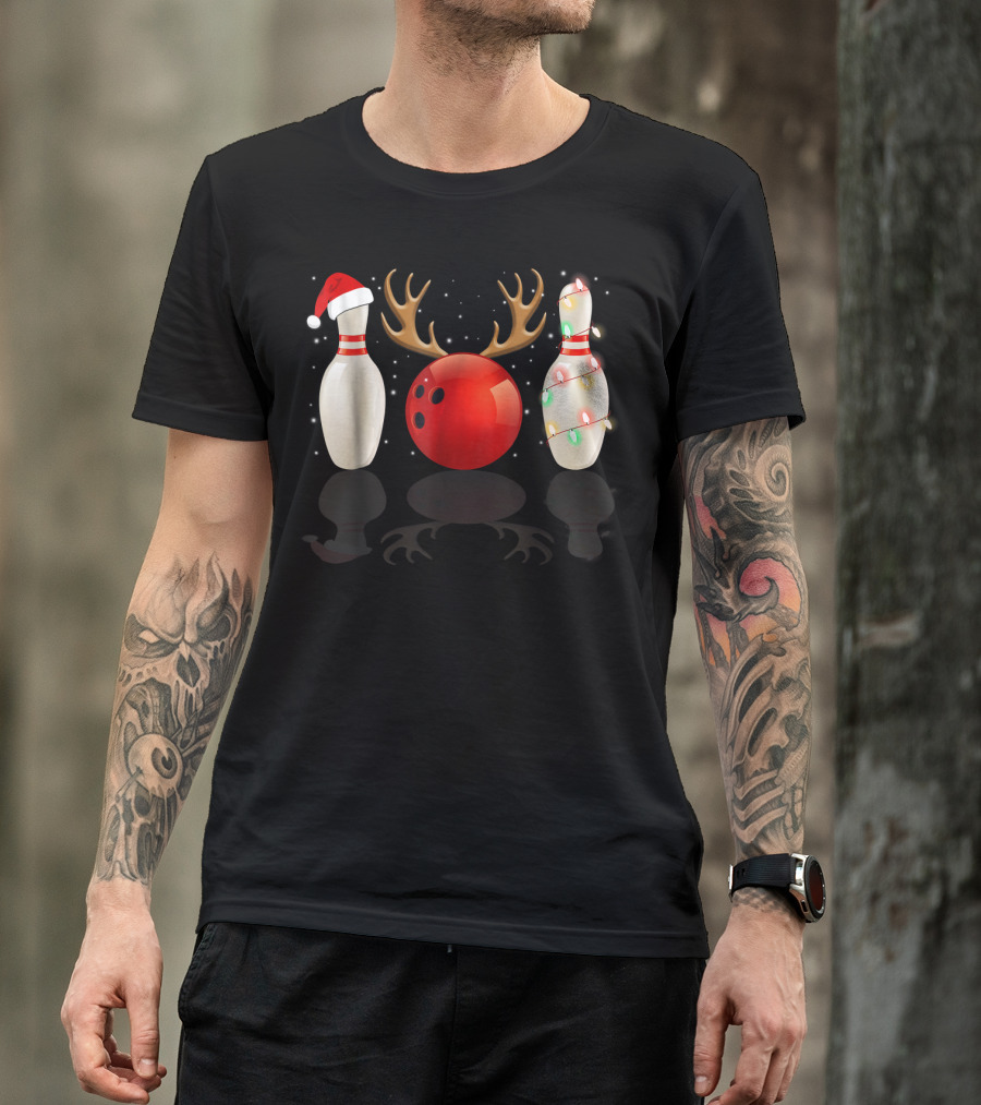 Reindeer Antlers Bowling Ball Santa Hat Christmas Lights Bowling Pins Funny Holiday Bowling T-Shirt