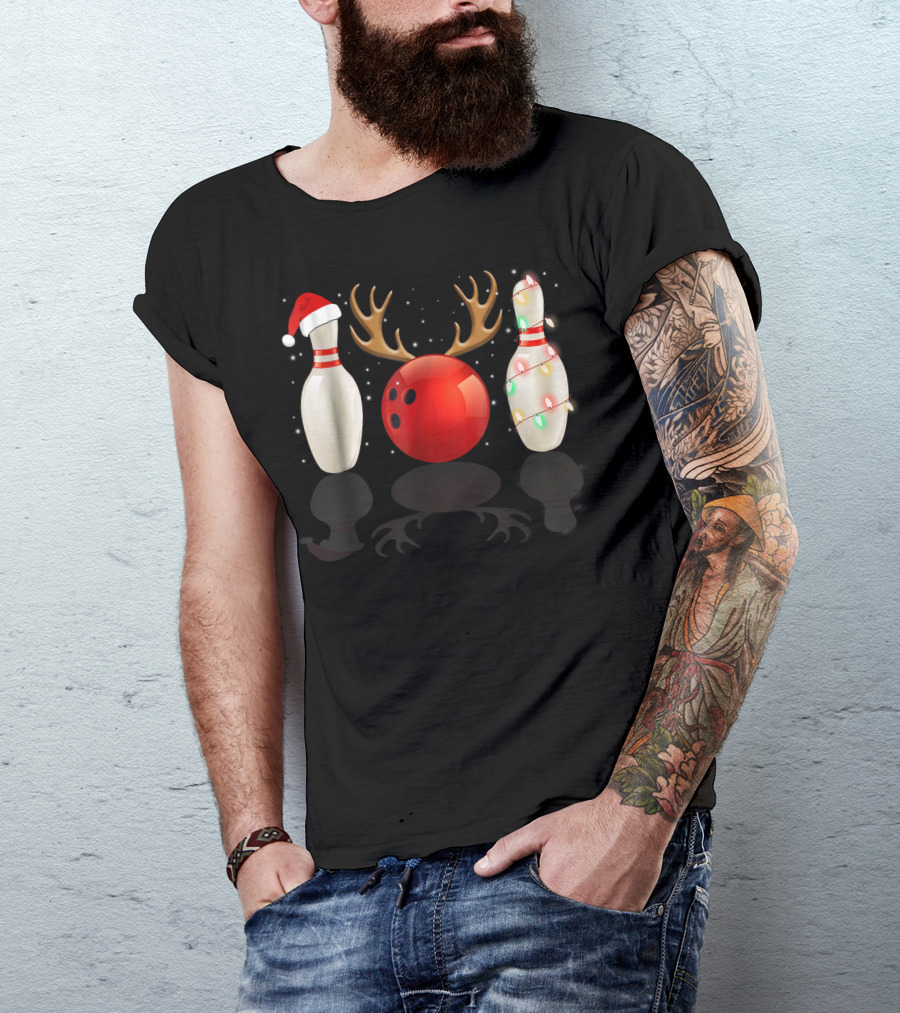 Reindeer Antlers Bowling Ball Santa Hat Christmas Lights Bowling Pins Funny Holiday Bowling T-Shirt
