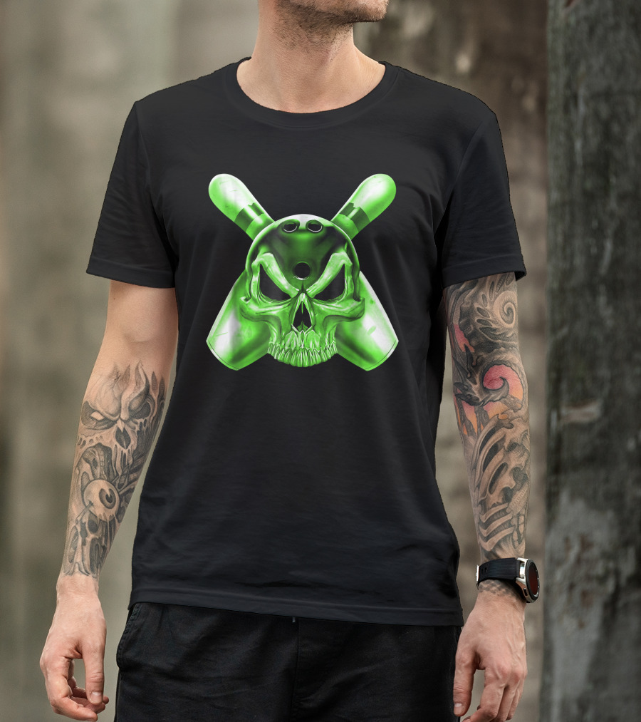 Bowling Skull Crossed Pins Green T-Shirt