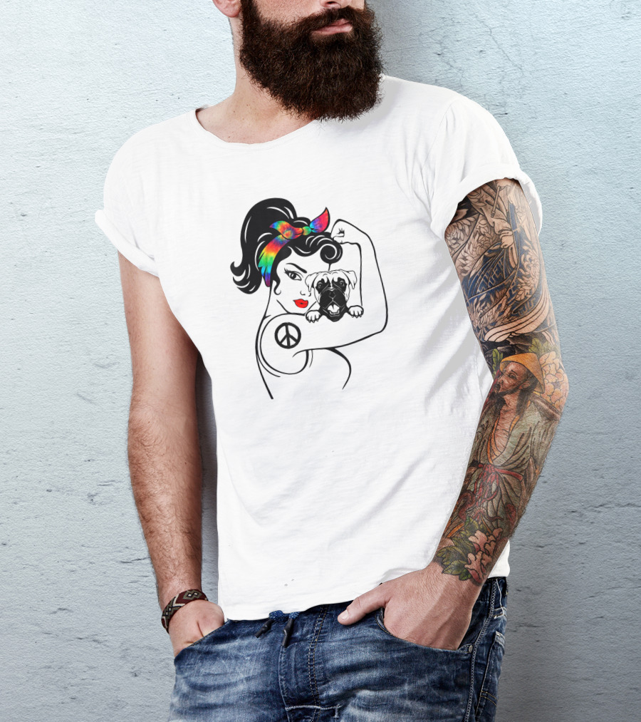 Peace Symbol Hippie Boxer Mom And Dog Lovers Retro T-Shirt