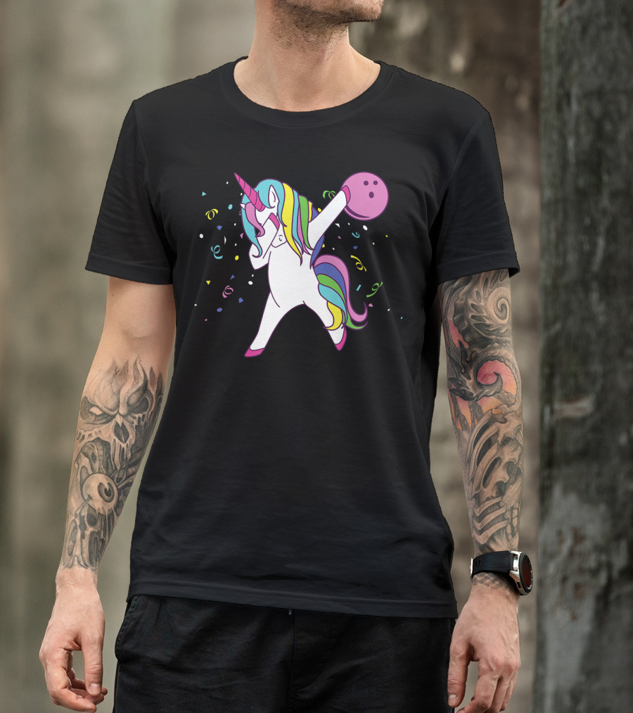 Funny Dabbing Unicorn With Colorful Bowling Ball And Confetti T-Shirt