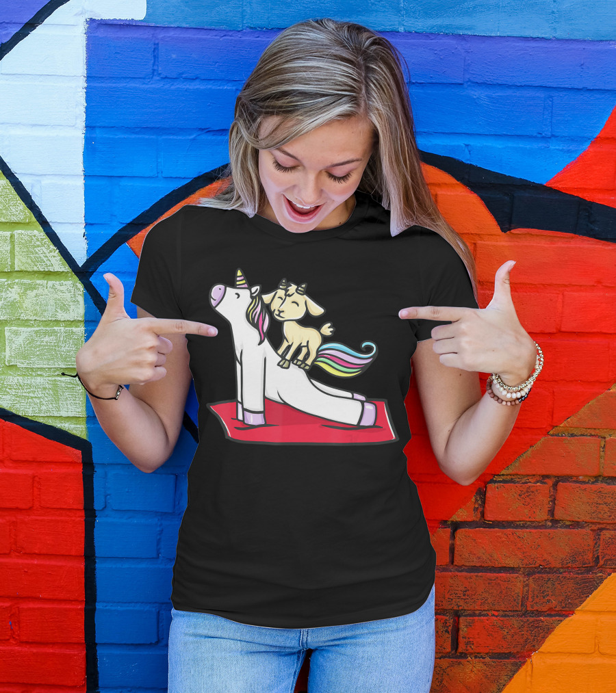 Goat Balancing On Yoga Unicorn Rainbow Mane T-Shirt