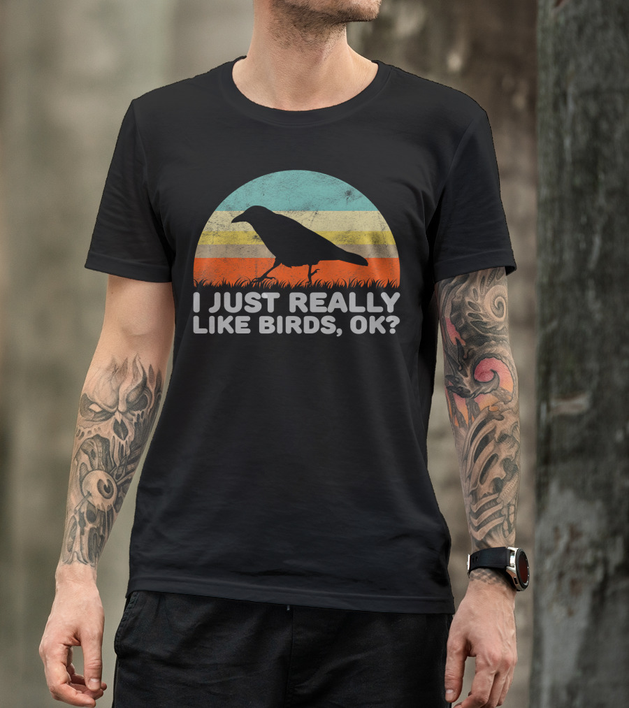 I Just Really Like Birds OK Retro Sunset Bird T-Shirt