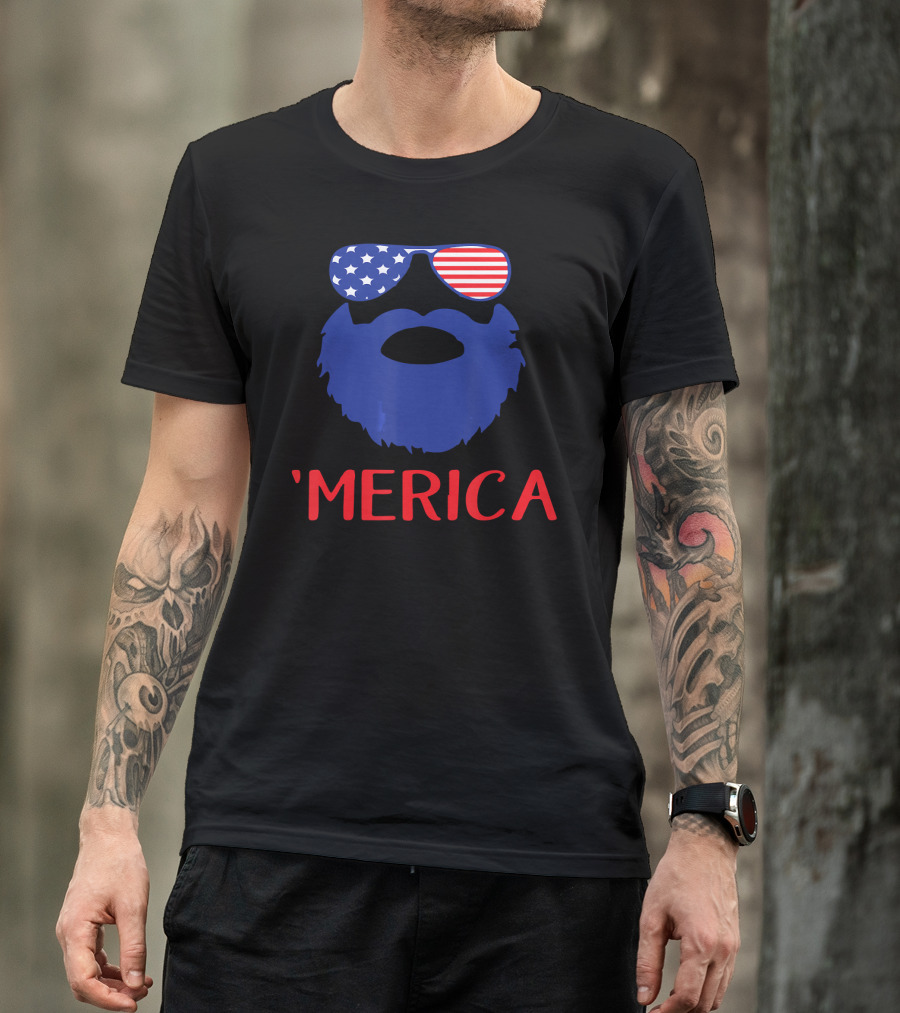 'Merica Beard With American Flag Sunglasses T-Shirt