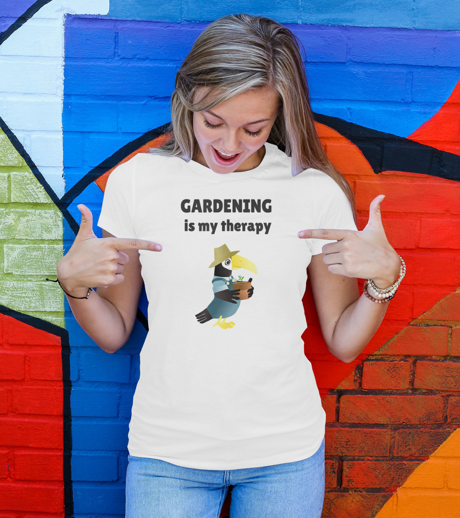 Gardening Is My Therapy Toucan In Hat Holding Plant T-Shirt