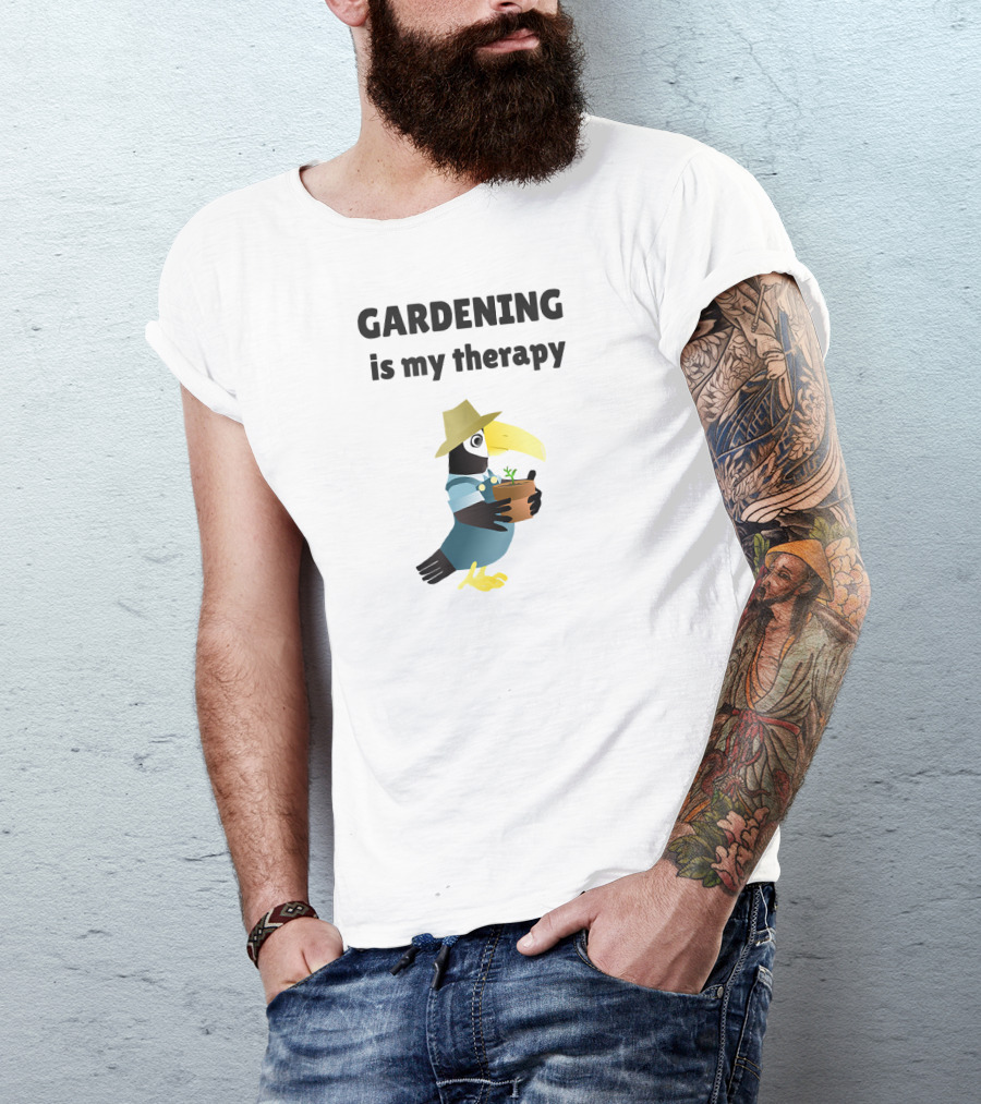 Gardening Is My Therapy Toucan In Hat Holding Plant T-Shirt