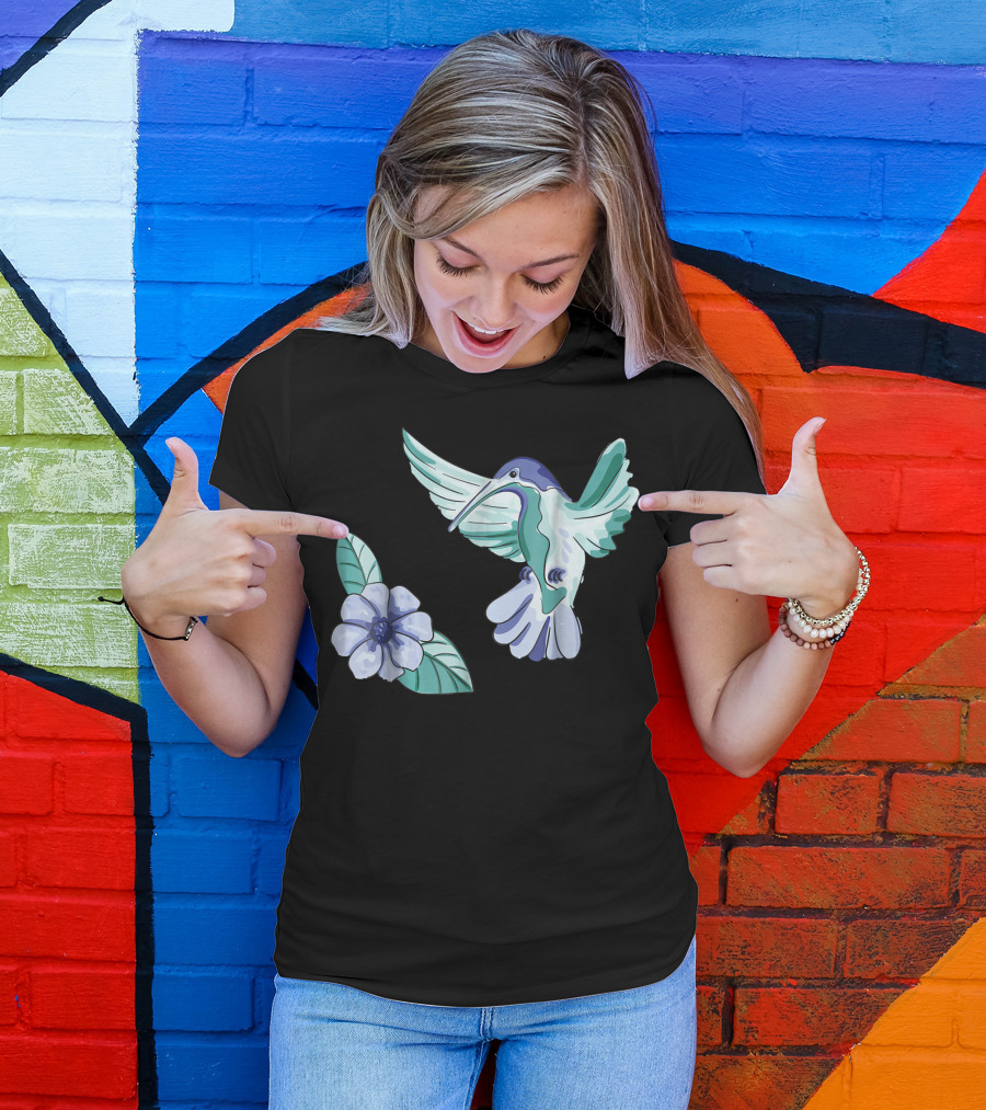 Green And Blue Hummingbird With White And Blue Flower T-Shirt