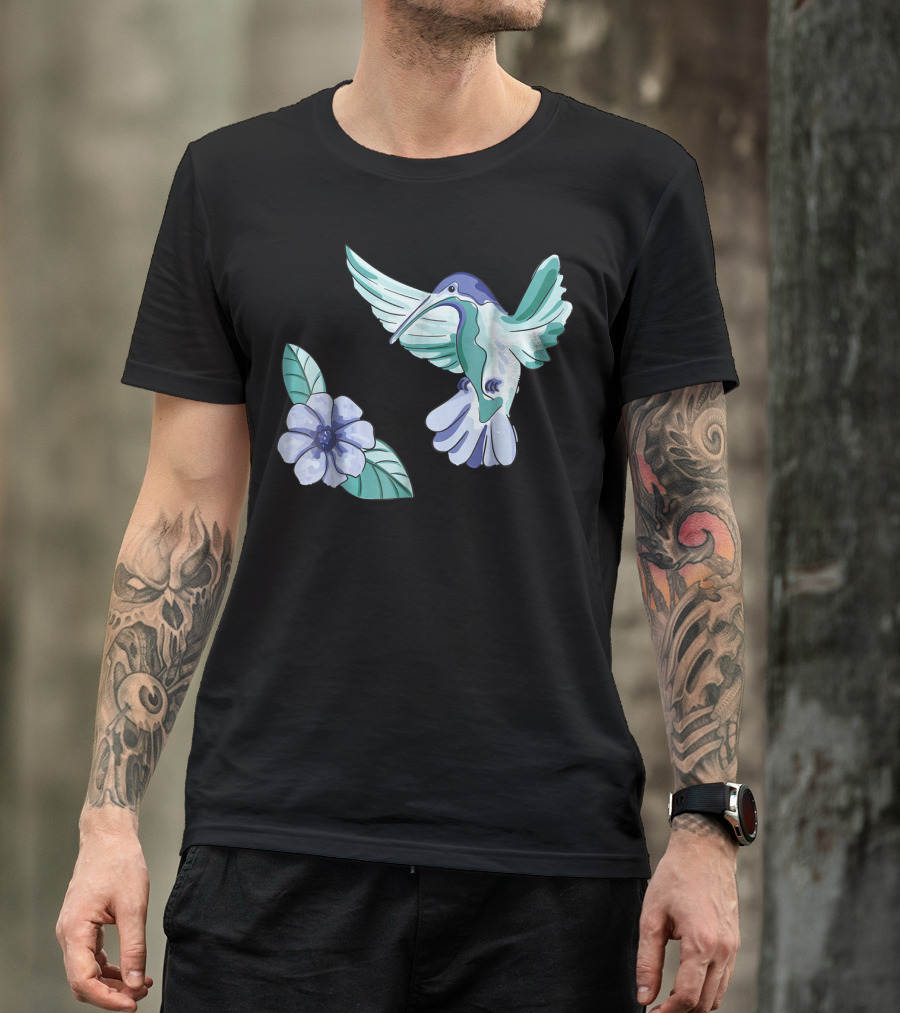 Green And Blue Hummingbird With White And Blue Flower T-Shirt
