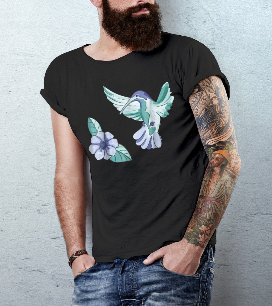 Green And Blue Hummingbird With White And Blue Flower T-Shirt