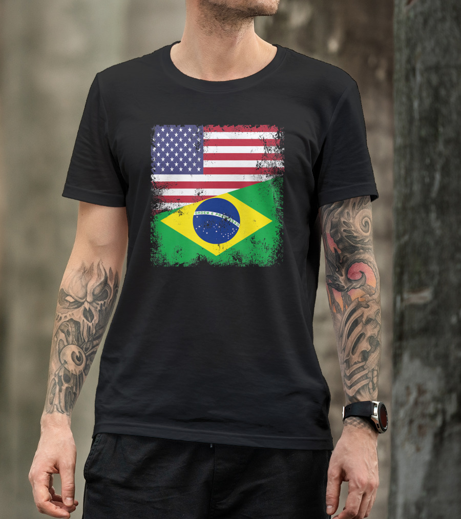 Vintage Half Brazilian Half American Flag Brazil U T-Shirt