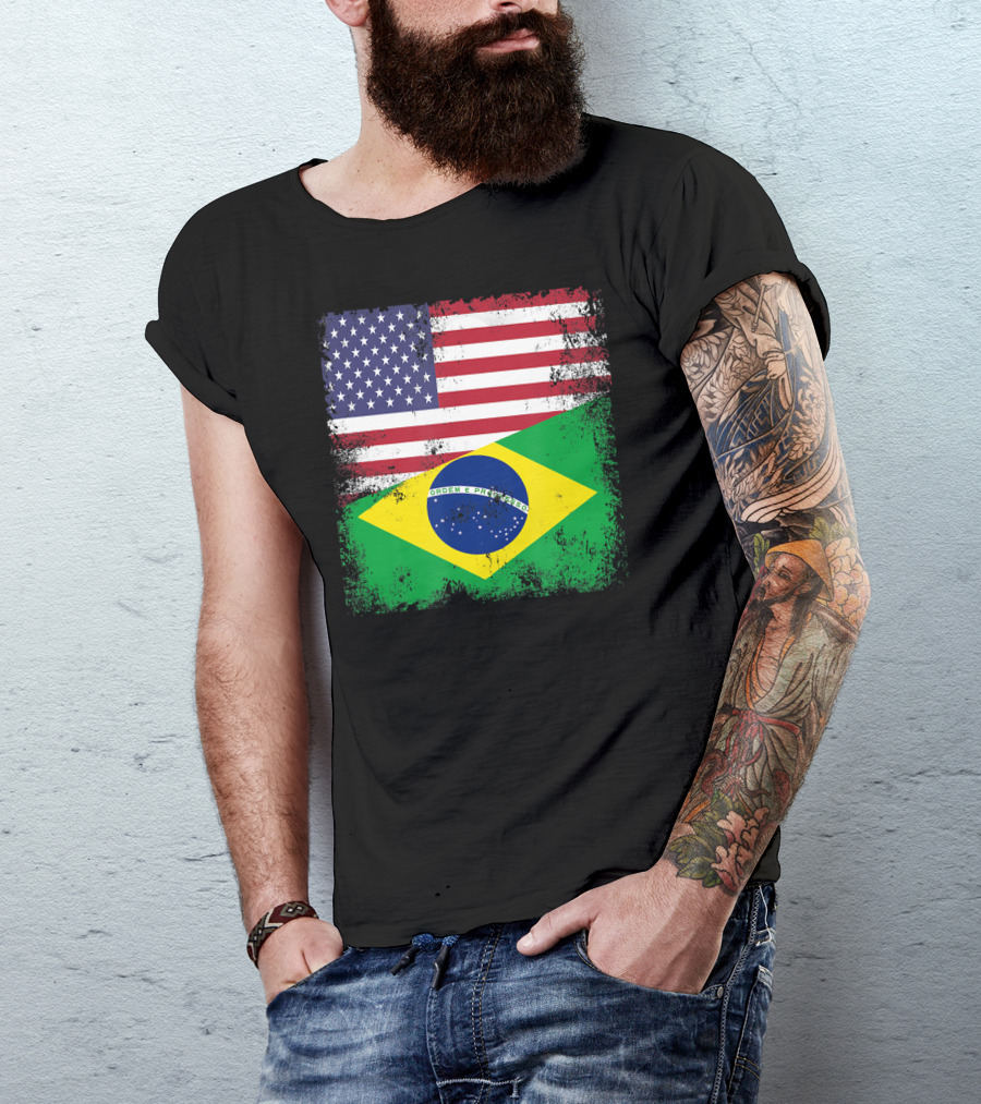 Vintage Half Brazilian Half American Flag Brazil U T-Shirt