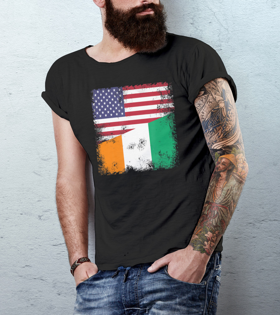 Half Ivorian Flag Vintage Cote D'I With Distressed USA Flag T-Shirt