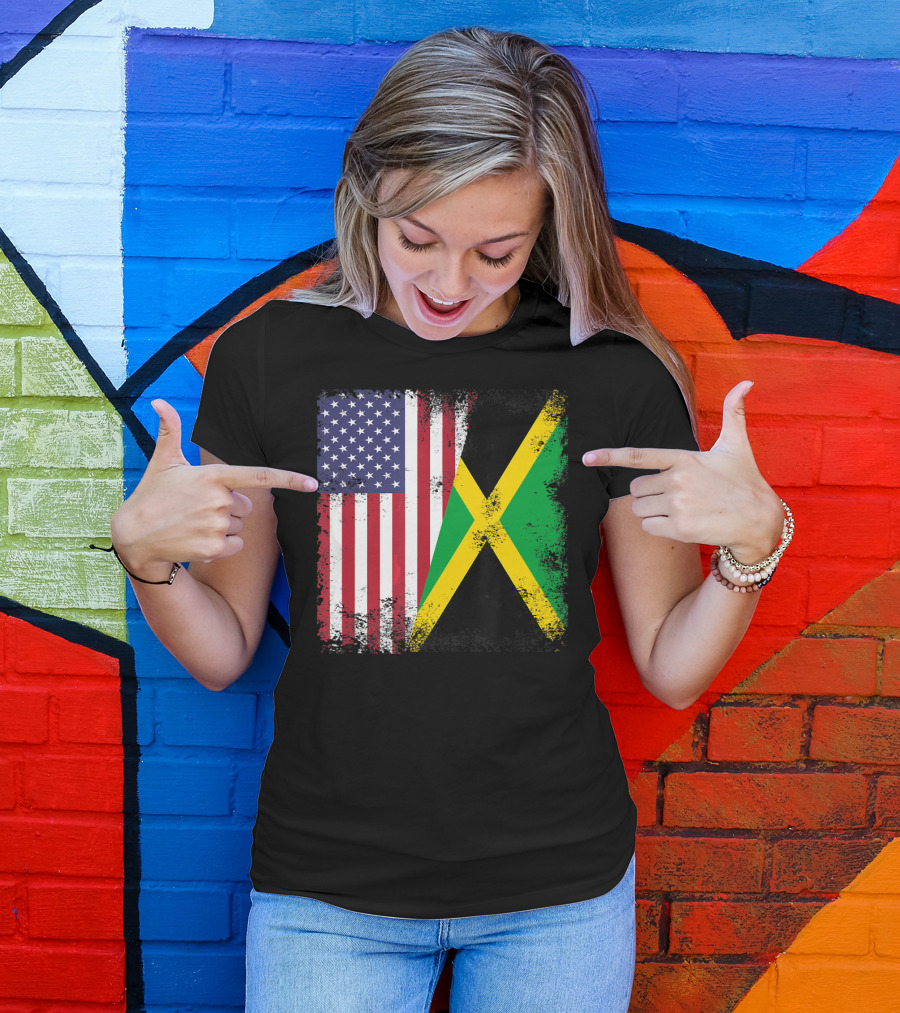 Half Jamaican Flag Vintage Jamaica U.S.A. Flag Overlay T-Shirt
