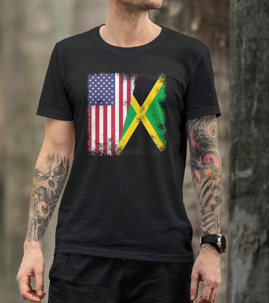 Half Jamaican Flag Vintage Jamaica U.S.A. Flag Overlay T-Shirt