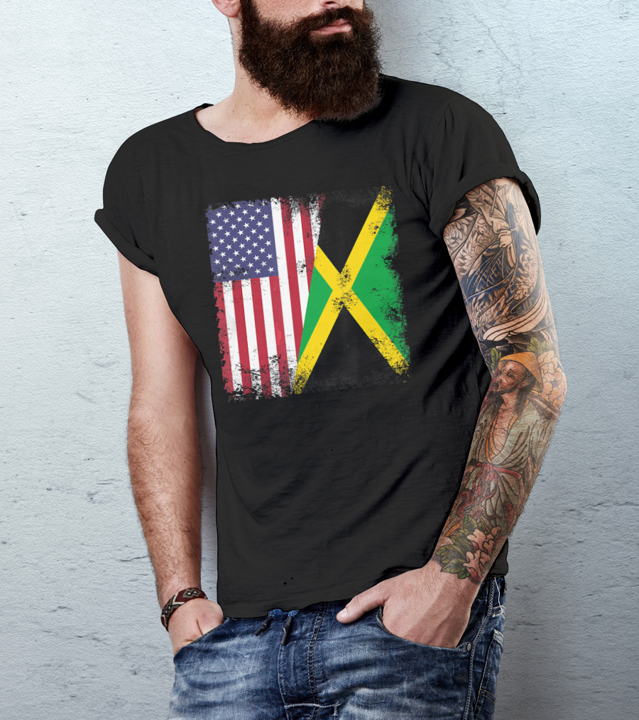Half Jamaican Flag Vintage Jamaica U.S.A. Flag Overlay T-Shirt
