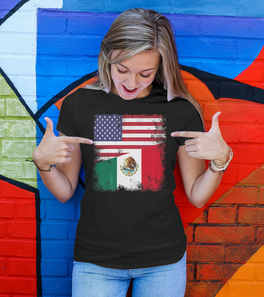 Half Mexican Flag Vintage Mexico U.S. American Flag Dual Heritage T-Shirt