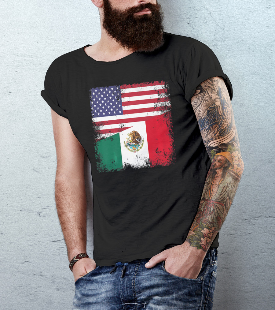 Half Mexican Flag Vintage Mexico U.S. American Flag Dual Heritage T-Shirt