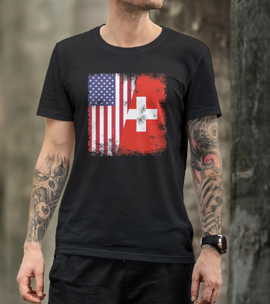Half Swiss Flag Vintage American Swiss Flag T-Shirt