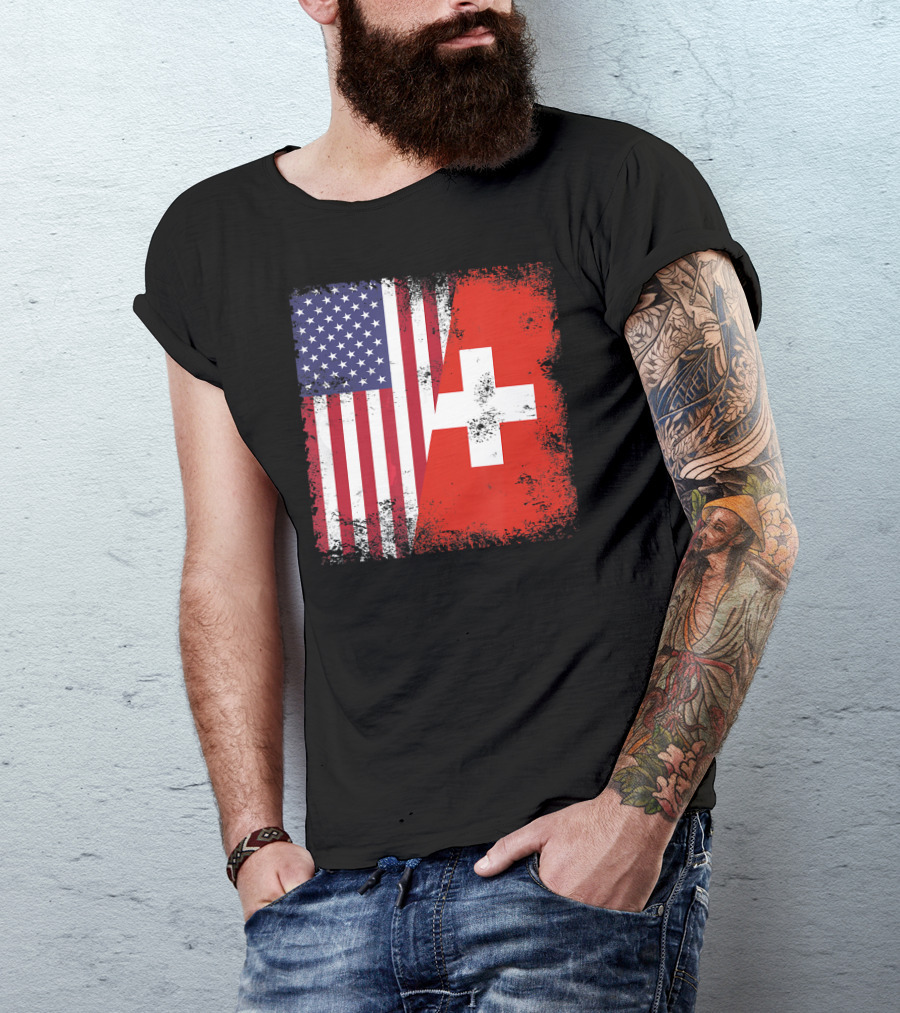 Half Swiss Flag Vintage American Swiss Flag T-Shirt