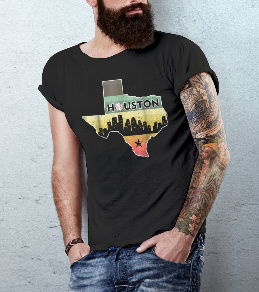 Houston Baseball Skyline With Texas Map And Retro Stripes T-Shirt