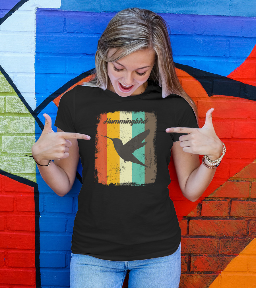 70s Vintage Hummingbird Silhouette Retro Stripes T-Shirt
