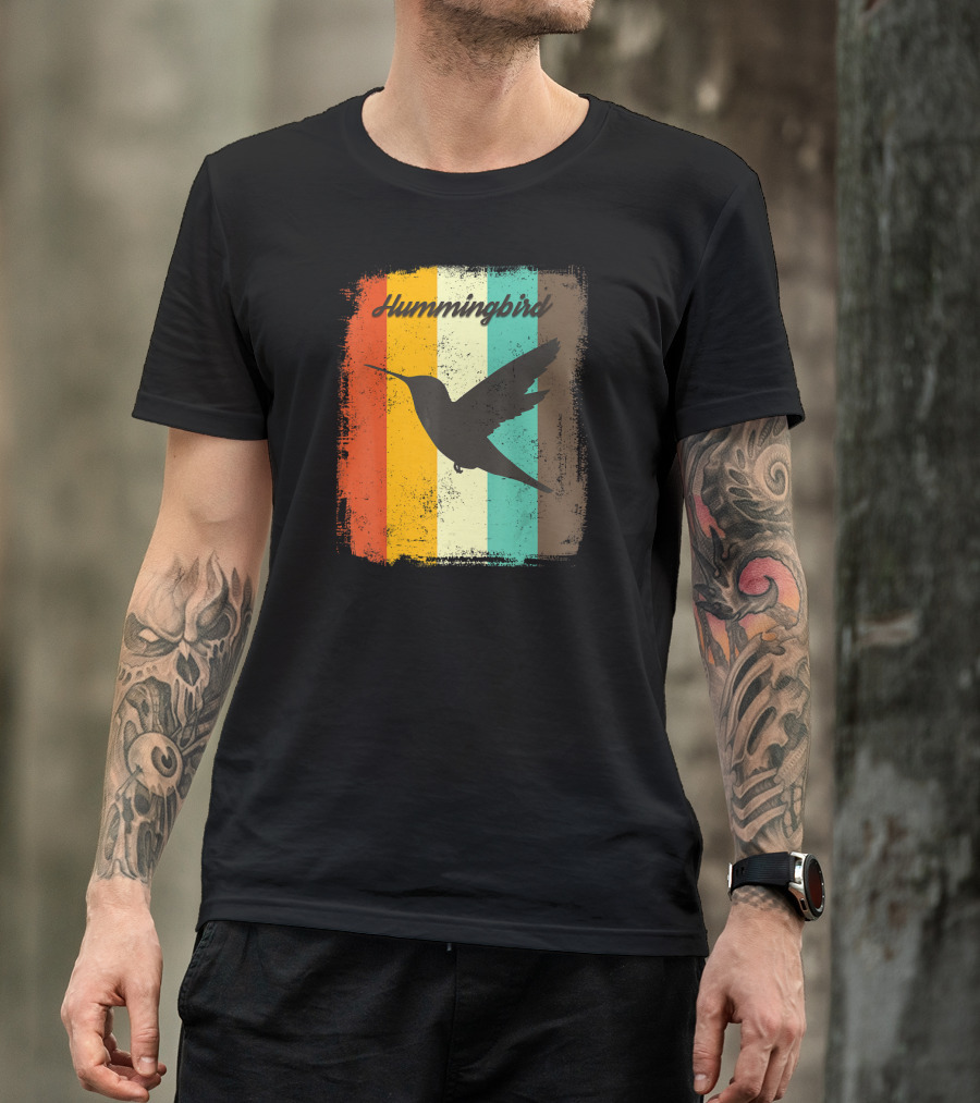 70s Vintage Hummingbird Silhouette Retro Stripes T-Shirt