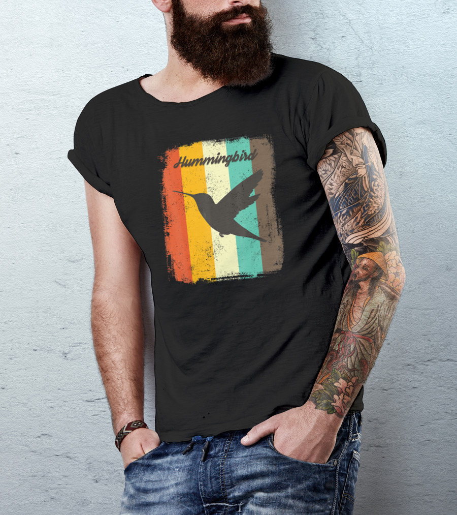70s Vintage Hummingbird Silhouette Retro Stripes T-Shirt