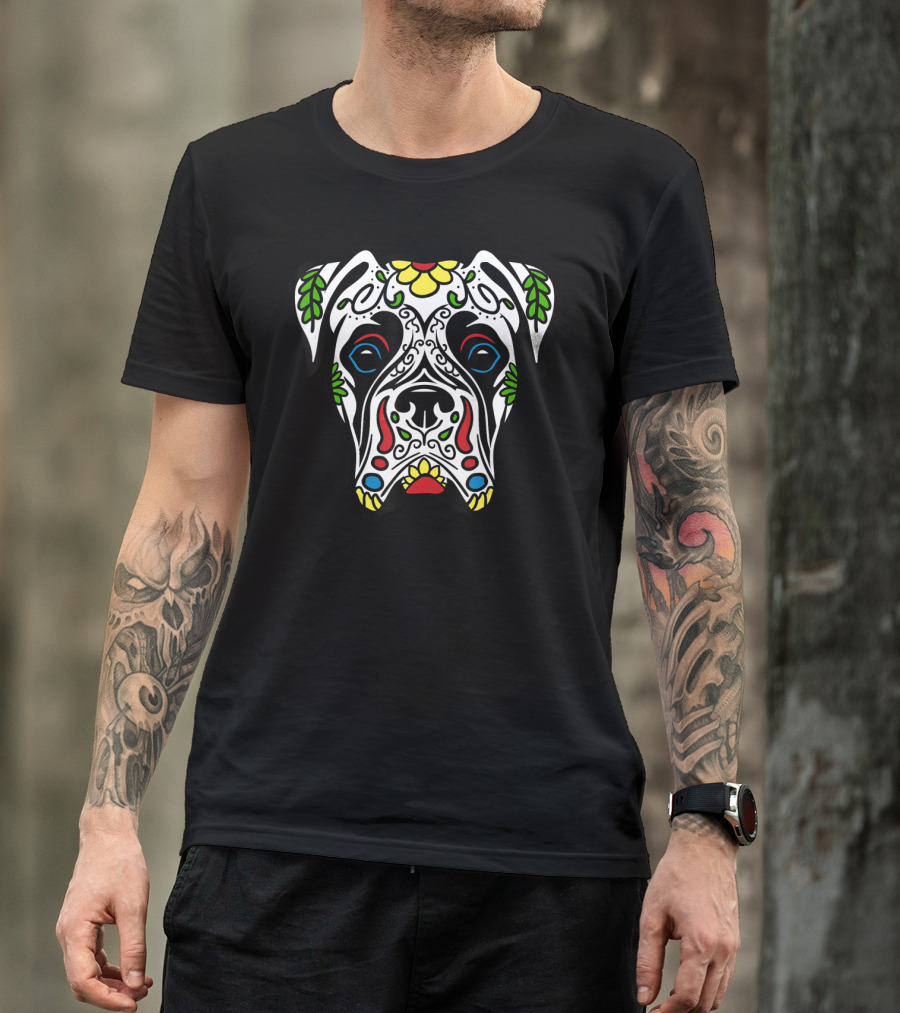 Boxer White Sugar Skull Dog Floral Mexican Día De Los Muertos T-Shirt