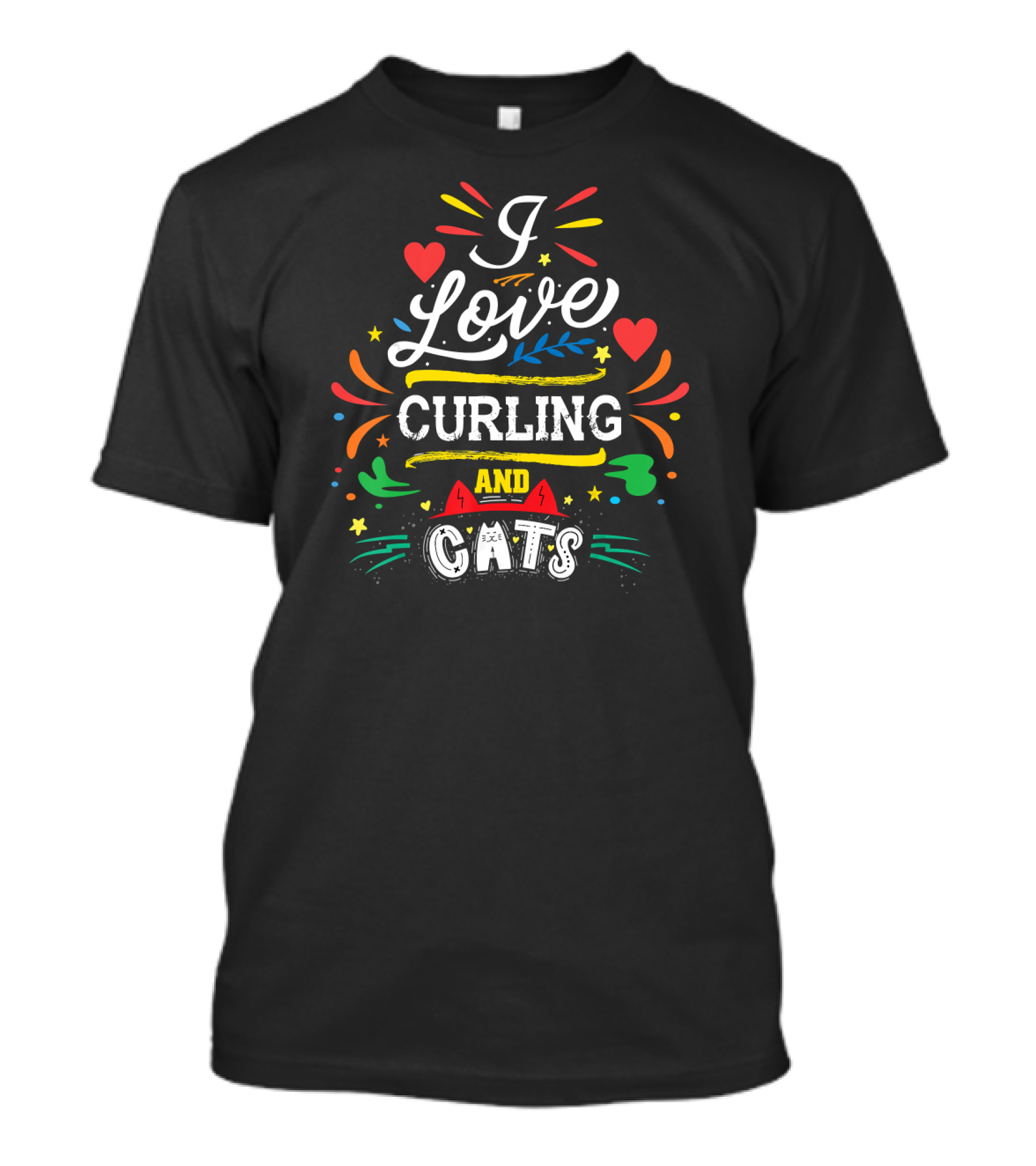 I Love Curling And Cats Colorful Heart Accents T-Shirt