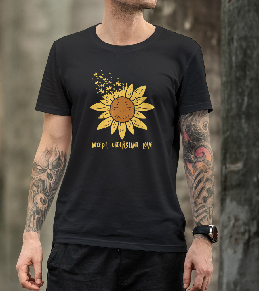 Accept Understand Love Sunflower With Blooming Petals And Falling Seeds T-Shirt